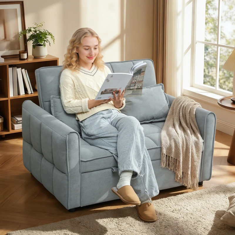HOMCOM 2 Seater Sofa Bed, 3-in-1 Convertible Sleeper Sofa with Click-clack Adjustable Backrest and 2 Pillows, Grey