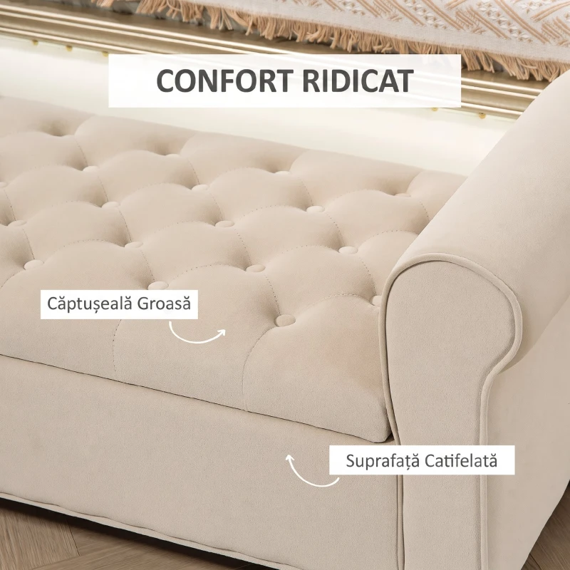 HOMCOM Bancă Dormitor cu Compartiment de Depozitare și Cotiere Rulate, 126x48.5x57 cm, Bej