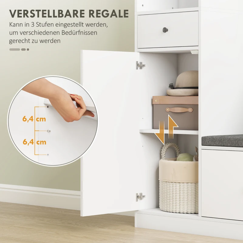 HOMCOM 180 cm Garderobenschrank mit Kleiderständer, Schuhbank, 4 Haken, offene Ablageflächen, MDF, Weiß