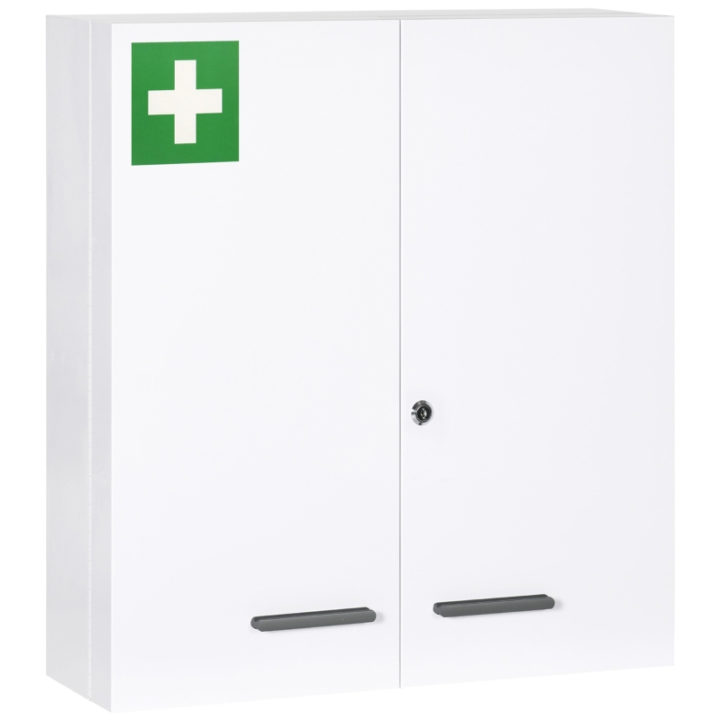 kleankin Armário para Medicamentos Armário de Primeiros Socorros de Parede em Aço de 3 Níveis com Fecho e 2 Chaves 55x18x60 cm Branco