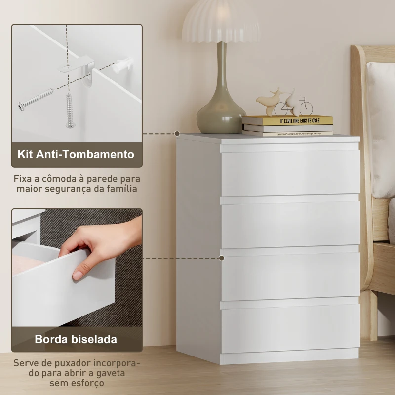HOMCOM Cómoda com 4 Gavetas com Fecho Suave para Quarto Escritório Estilo Moderno 45x40x68 cm Branco