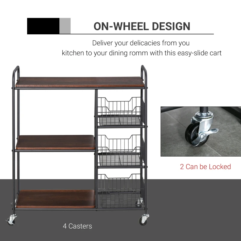 HOMCOM kichen Cart Storage Trolley Dining Serving Cart w/ Shelves Baskets Handles Wheels Home Living Room Kitchen Brown Black