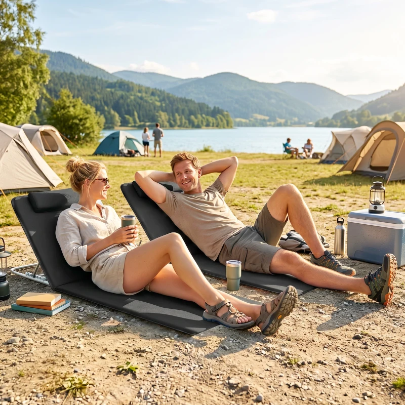 Outsunny Conjunto de 2 Esterillas con Respaldo Reclinable en 5 Niveles Reposacabezas y Bolsa de Transporte 134x48x33-43 cm Negro