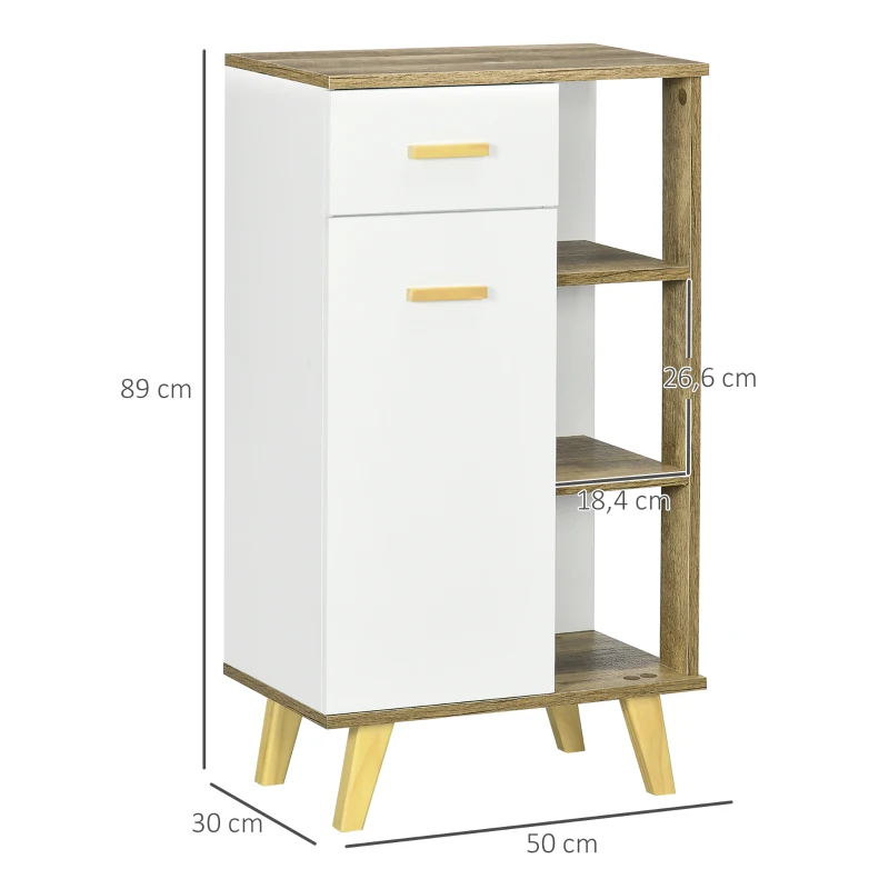kleankin Meuble bas de salle de bain style scandinave 1 tiroir 1 placard et 3 étagères - 50 x 30 x 89 cm - blanc et naturel