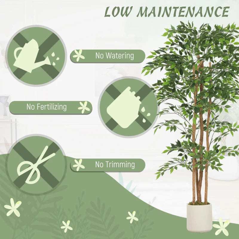 HOMCOM 180cm Artificial Ficus Tree, Fake Potted Tree with Solid Wood Trunk and Pot for Indoor, Green