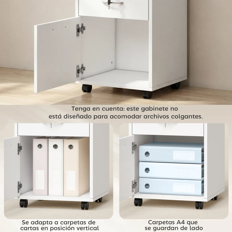 HOMCOM Cajonera de Oficina con Cajón con Cerradura y Armario con Ruedas Soporte de Impresora para Estudio 40x35x60 cm Blanco