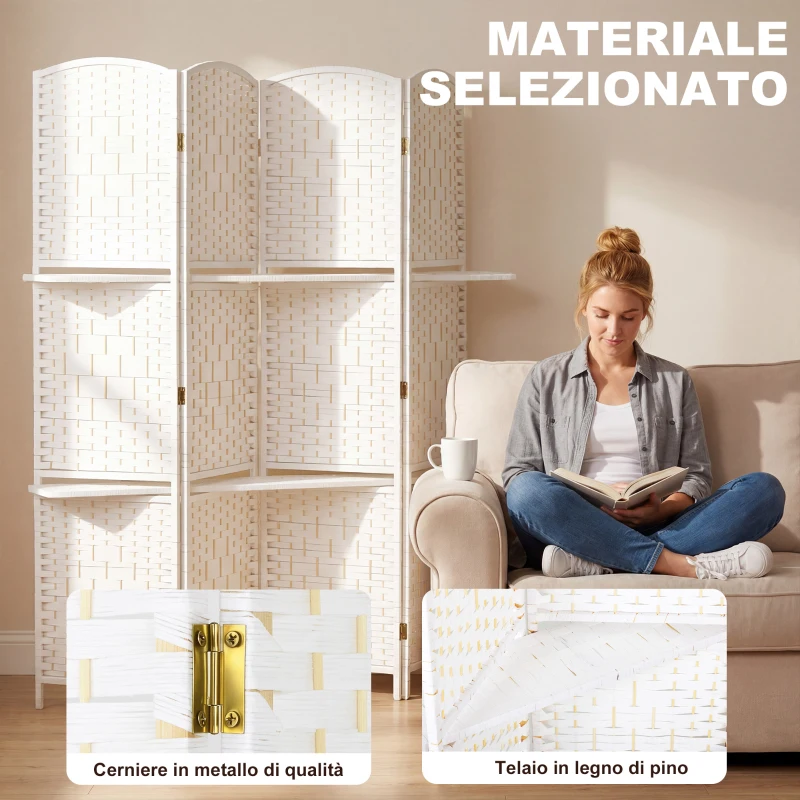 HOMCOM Paravento da Interno a 4 Pannelli Pieghevole con Mensole 160x170 cm, Bianco