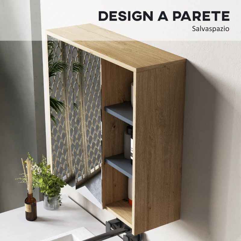 HOMCOM Specchio Bagno Contenitore con 2 Ante, 60x20x60 cm Mobile Bagno con Specchio, Scomparto Aperto, Naturale