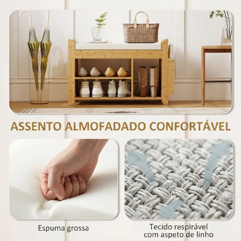 HOMCOM Banco Sapateira com Assento Acolchoado Arrumação Lateral Prateleira para Botas Estrutura de Bambu 80x30x50 cm Madeira e Bege