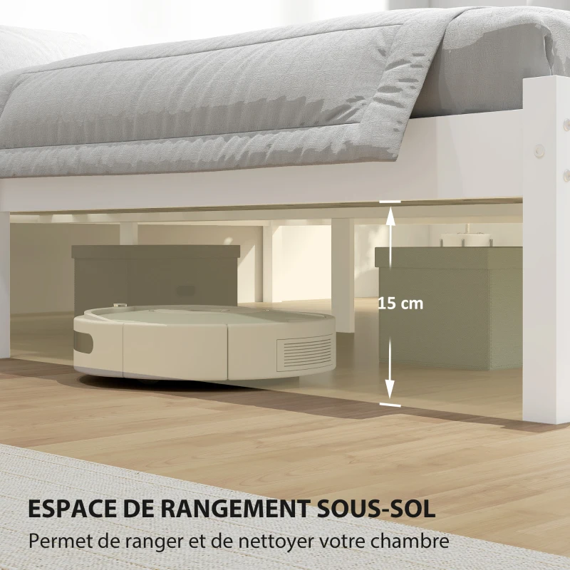 HOMCOM Cadre de lit en bois massif 160x200cm lit simple avec tête de lit et sommier à lattes solide pour enfants adultes