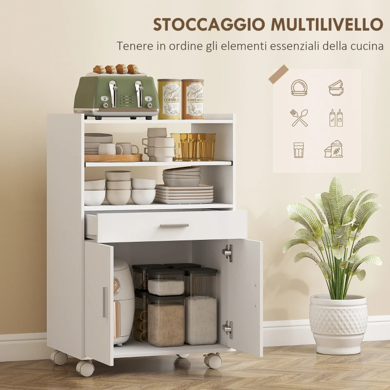 HOMCOM Mobile Microonde in Legno con Cassetto, Armadietto a 2 Ante e 2 Ripiani, 59x40x92 cm, Bianco