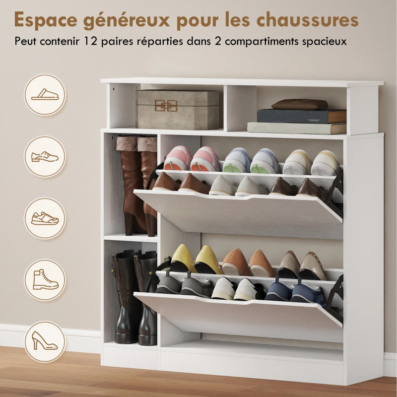 HOMCOM Meuble à chaussures, armoire à chaussures, 2 tiroirs rabattables, compartiments ouverts et étagère réglable, blanc