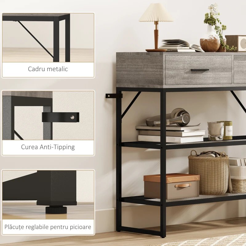 HOMCOM Consolă de Intrare cu 2 Sertare, 2 Rafturi din Plasă și Cârlig Lateral, Consolă în Lemn și Metal, Măsuță de Intrare pentru Dormitor, 100x35x92 cm, Gri Deschis