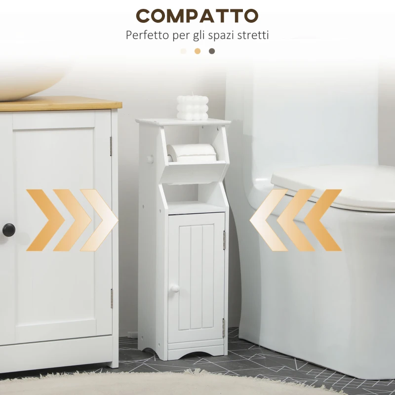 kleankin Mobiletto da Bagno in MDF Bianco con Armadietto e Spazio per Carta Igienica, 19x15x56 cm