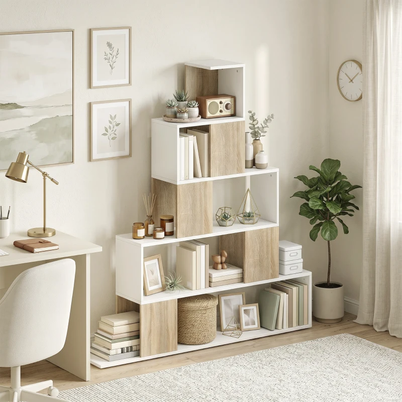 HOMCOM Étagère de rangement, bibliothèque géométrique à 5 niveaux, pour bureau, salon, chambre, blanc et bois naturel