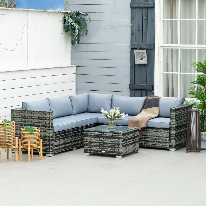 Outsunny 4 Pieces Rattan Garden Furniture Sets, Wicker Patio Conservatory Dining Set with Corner Sofa, Loveseat, Coffee Table, and Cushions for Balcony, Backyard, Pool, Grey