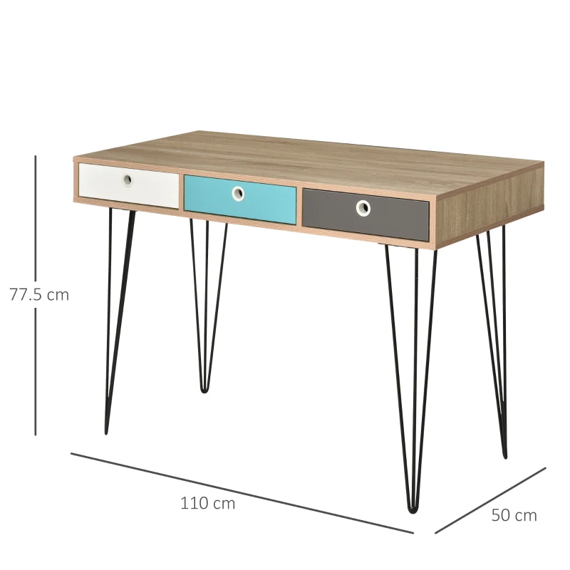 HOMCOM Scrivania Moderna con 3 Cassetti Multicolore in Legno e Metallo, Scrivania per Camera e Ufficio in Stile Nordico, 110x50x77.5cm