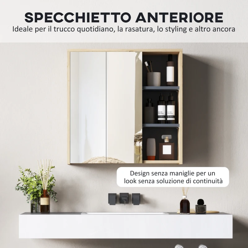 HOMCOM Specchio Bagno Contenitore con 2 Ante, 60x20x60 cm Mobile Bagno con Specchio, Scomparto Aperto, Naturale