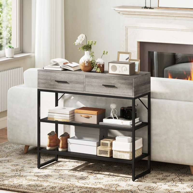 HOMCOM Consolă de Intrare cu 2 Sertare, 2 Rafturi din Plasă și Cârlig Lateral, Consolă în Lemn și Metal, Măsuță de Intrare pentru Dormitor, 100x35x92 cm, Gri Deschis