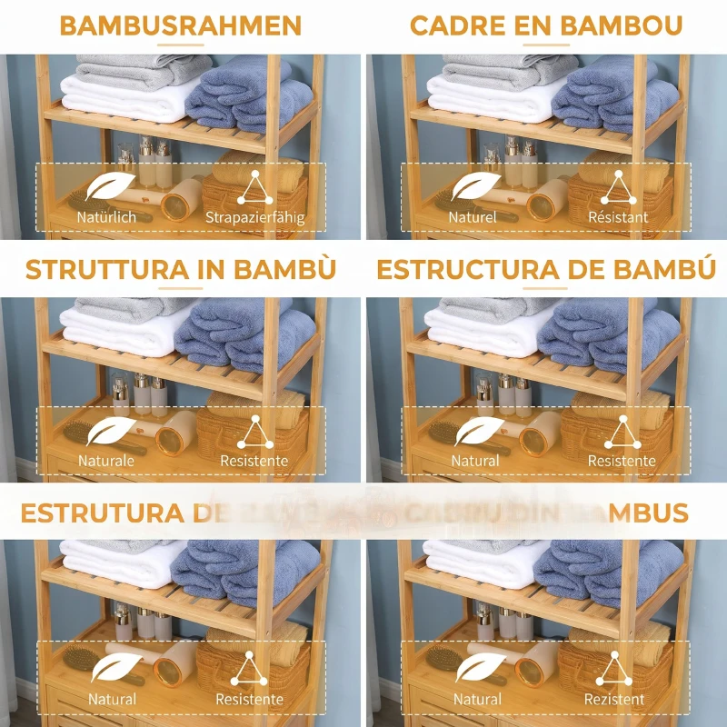 kleankin Dulap de baie cu 2 rafturi deschise si dulap cu doua usi, din bambus cu usa cu clapeta, natural