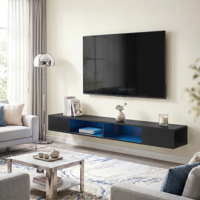 HOMCOM Wall Mounted TV Stand with RGB LED Lights, Floating Entertainment Centre for 75 Inch TV, Black