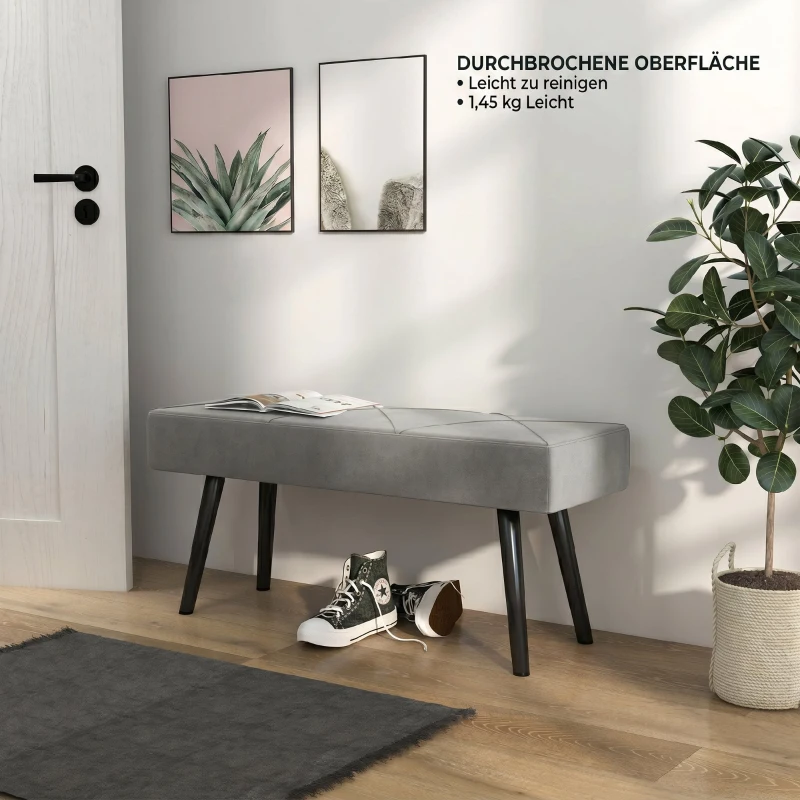 HOMCOM Bancă Tapițată pentru Dormitor din Catifea cu Picioare din Oțel, 100x36x45cm, Gri