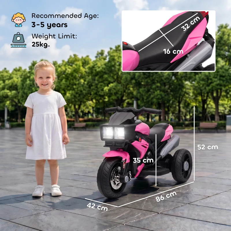 AIYAPLAY Kids Electric Motorcycle Ride-On Toy, 3-Wheel Battery-Operated Motorbike with Horn, Toddler Ride On Bike, Pink