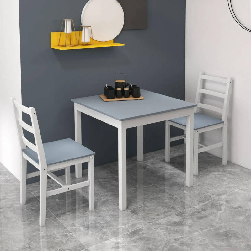 HOMCOM Essgruppe für 2 Personen, 2 Stühle, 1 Tisch, Kiefernholz, Weiß + Grau