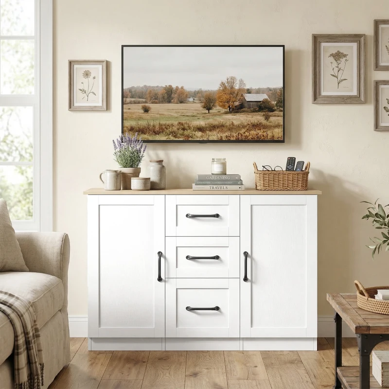 HOMCOM Buffet salon, meuble de rangement avec 2 portes à fermeture douce et 3 tiroirs, 110x35x80,4cm, blanc et bois naturel
