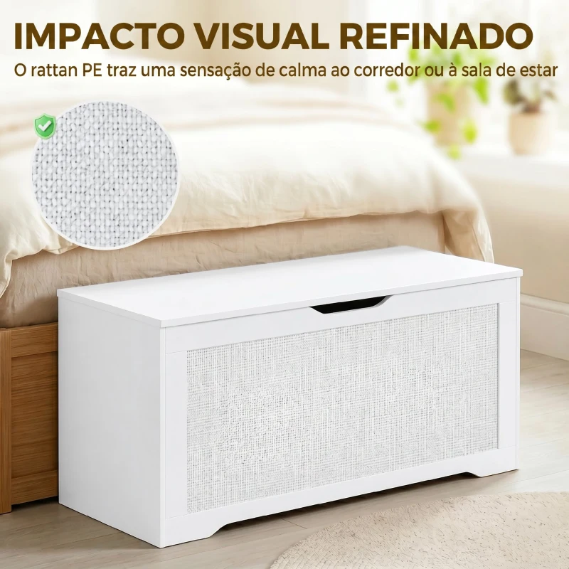 HOMCOM Baú de Arrumação 136L com Painel de Ratã e Tampa com Braços de Apoio, 100x40x45 cm, Branco