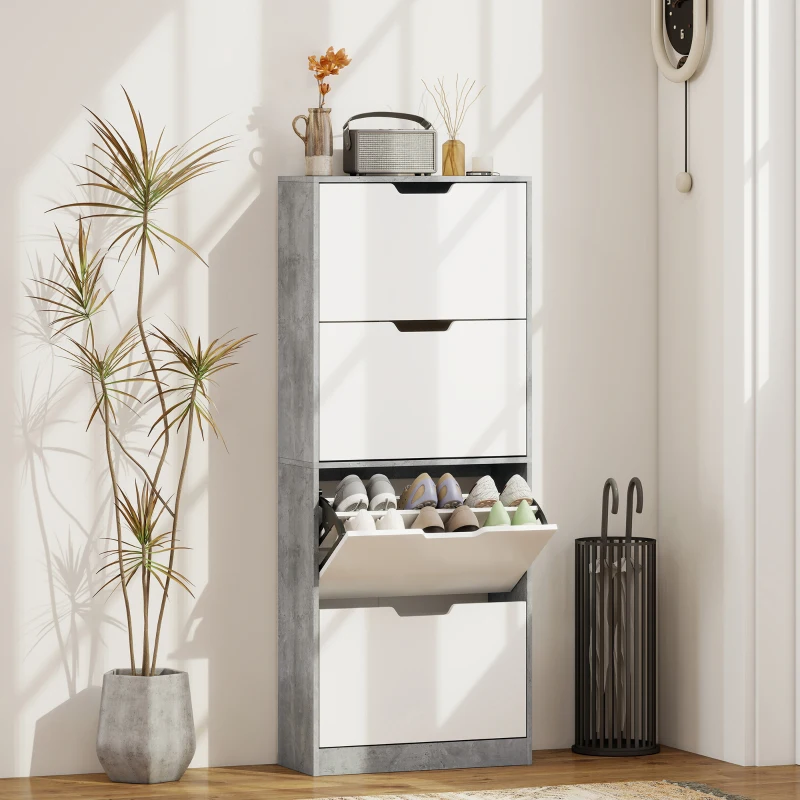 HOMCOM Scarpiera Salvaspazio Moderna a 4 Ante per 16 Paia di Scarpe, 62.5x26x156 cm, Grigio Cemento