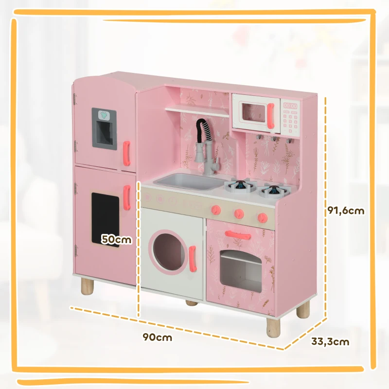 AIYAPLAY Cuisine Enfant avec Glaçons, Micro-ondes, Four, Plaque, Évier, Machine à Laver, Tableau, 90x 33,3x91,6cm, Rose