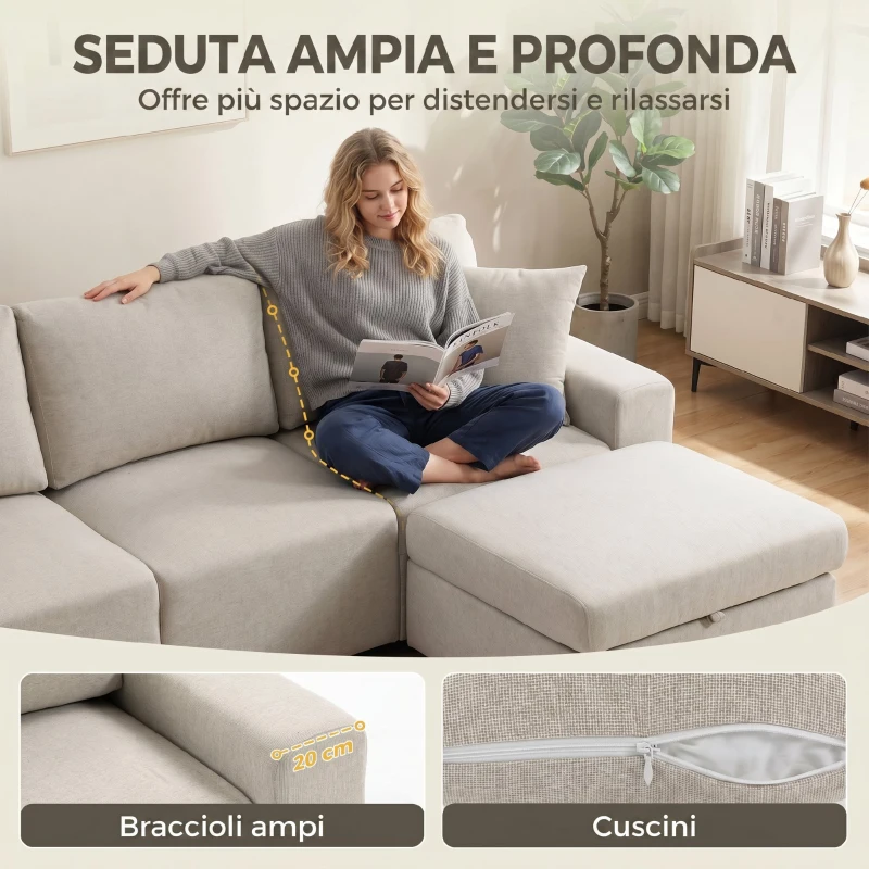 HOMCOM Divano Angolare 3 Posti in Tessuto Effetto Lino con Contenitore Poggiapiedi Rimovibile, 2 Cuscini, Beige