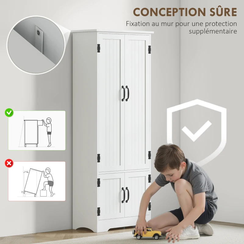 HOMCOM Buffet de cuisine armoire de cuisine contemporaine multi-rangements 2 placards 3 étagères MDF panneaux particules blanc