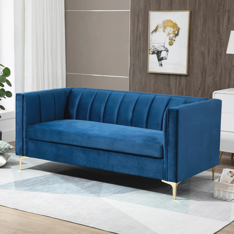 HOMCOM Canapé 3 Places Style Art Déco piètement Acier doré revêtement Velours Bleu