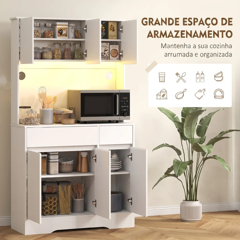 HOMCOM Armário de Cozinha com Luz LED RGB, Bancada para Micro-ondas, 6 Portas, 2 Gavetas, Prateleiras Ajustáveis e Comando à Distância, Branco