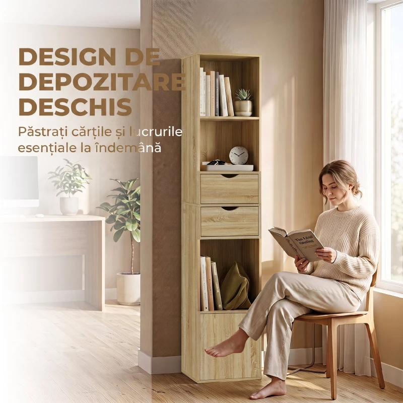 HOMCOM Bibliotecă Îngustă cu 6 Rafturi, Sertare, Ușă și Polițe Deschise, 30x24x158 cm, Stejar