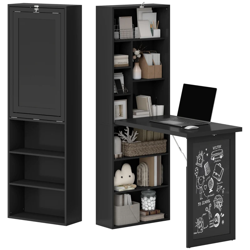 HOMCOM Scrivania Moderna Pieghevole con Libreria e Lavagna, in Legno e Metallo, 98x51x153 cm, Nero