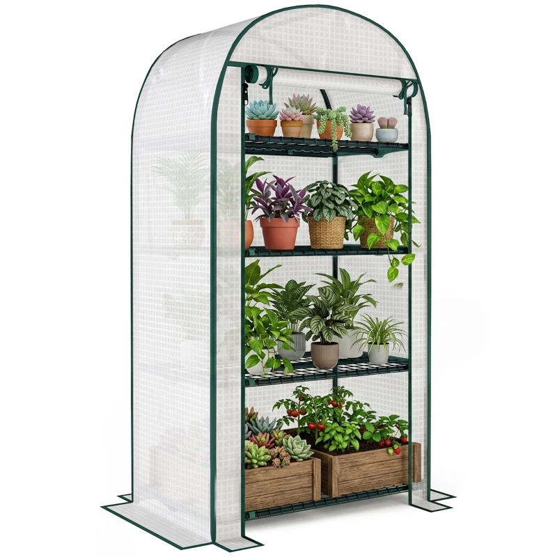 Outsunny 80 x 49 x 160cm Mini Greenhouse for Outdoor, Portable Gardening Plant Green House with Storage Shelf, Roll-Up Zippered Door, Metal Frame and PE Cover, White