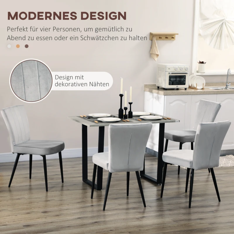 HOMCOM Set van 4 eetkamerstoelen, accentstoelen voor keukens en eetkamers, stoelenset, velourslook, lichtgrijs+zwart