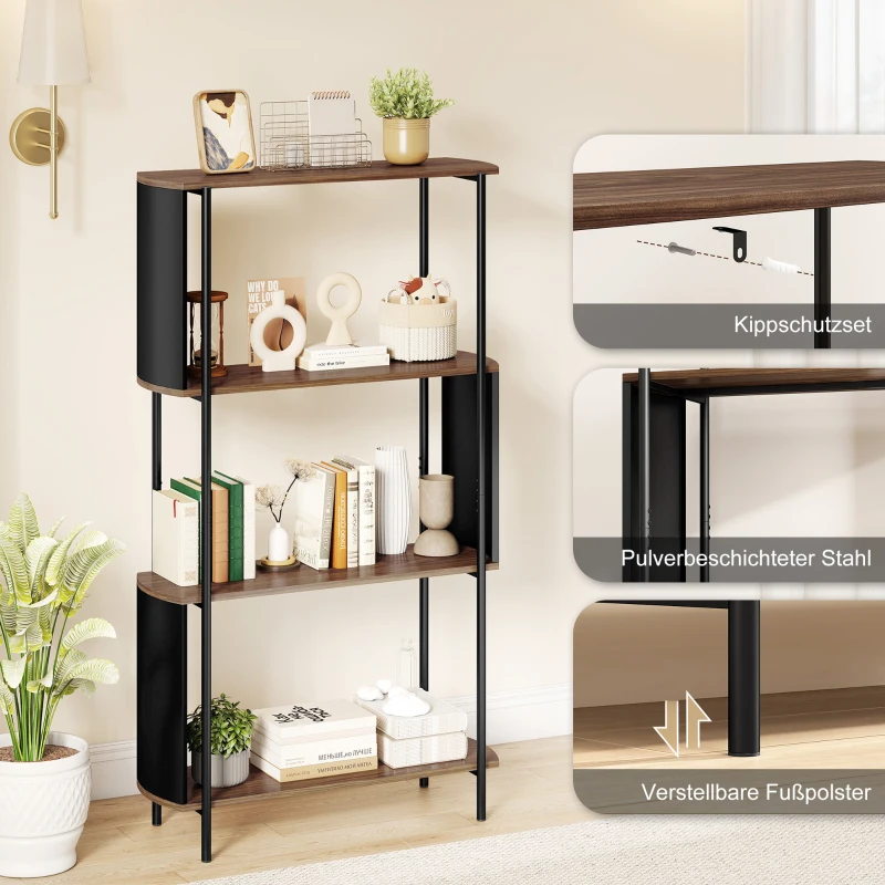 HOMCOM Bücherregal, Standregal mit 4 Ebenen,geschwungenem Design, für Wohnzimmer, Schlafzimmer 80 x 30 x 141 cm, Braun