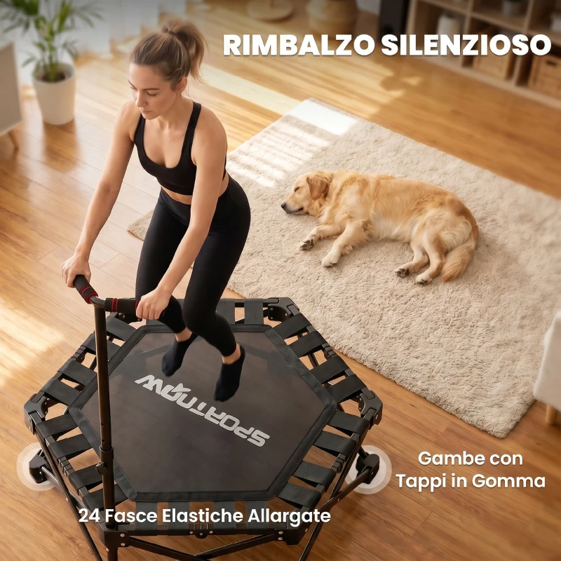 SPORTNOW Trampolino Elastico per Adulti Ø104cm Richiudibile, con Sistema di Apertura Chiusura in un solo Gesto, Maniglia Regolabile e 24 Molle Bungee, Nero