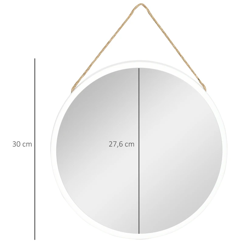 HOMCOM Espelho Decorativo de Parede 30x30cm Espelho Redondo de Metal com Corda de Canhâmo Estilo Moderno Branco