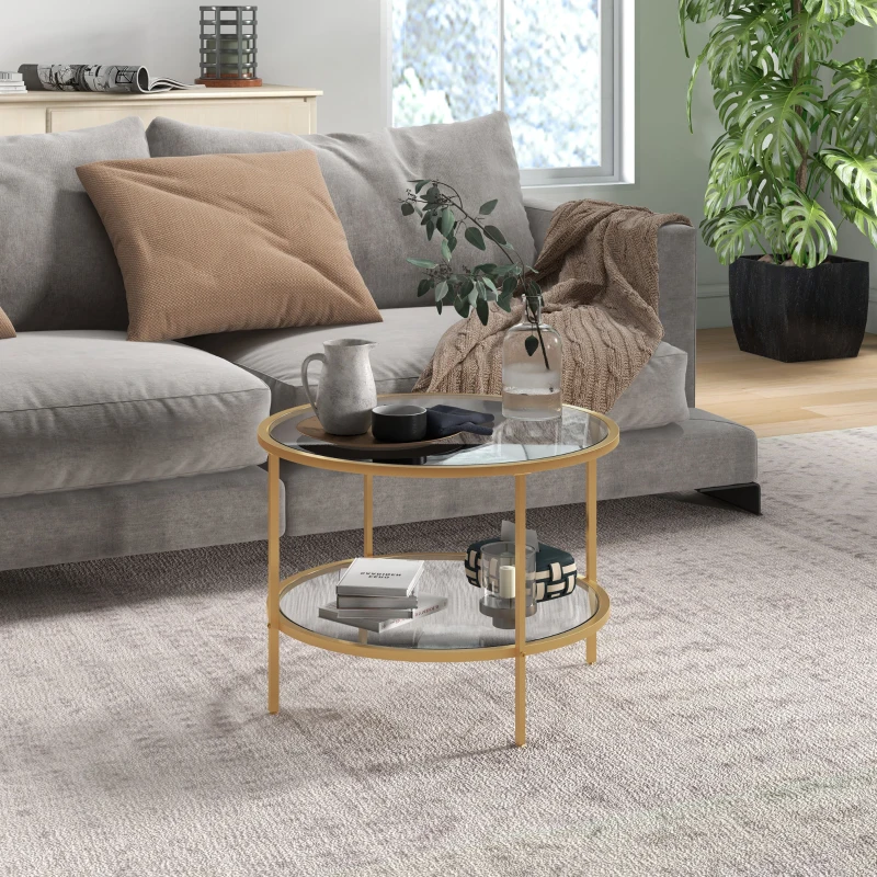 HOMCOM Beistelltisch, modernes Design, 2 Etagen, Ø60x43H cm, Goldton