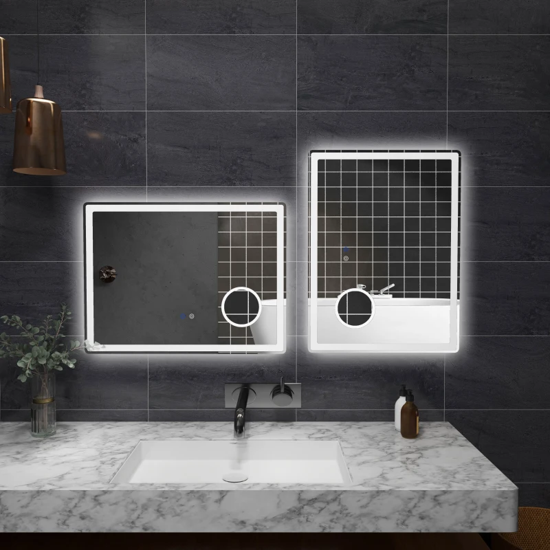 kleankin Miroir salle de bain rectangulaire LED fonction anti-buée luminosité réglable miroir grossissant x3 80 x 60 cm transpent