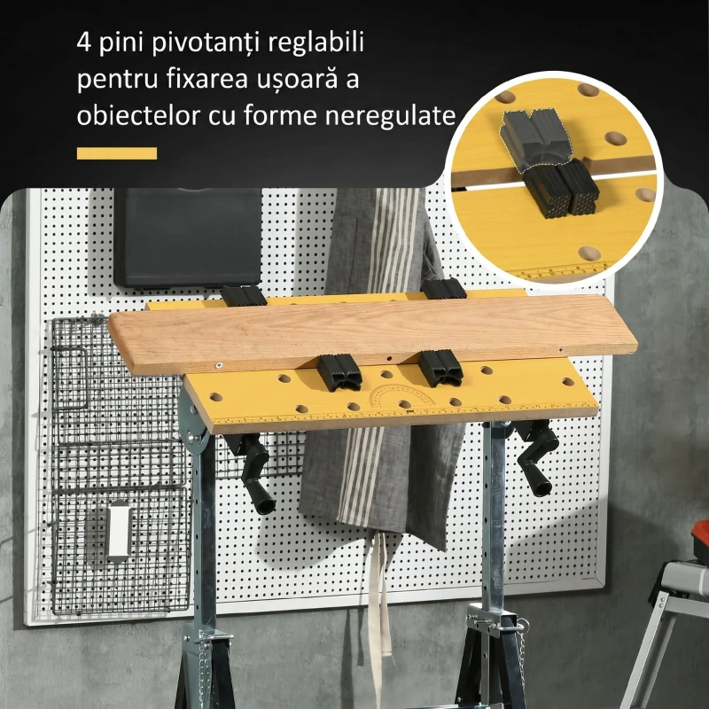 HOMCOM Banc de Lucru Pliabil cu 4 Cleme, Înălțime și Unghi Reglabile, Capacitate 100 Kg, Negru și Aspect Lemn