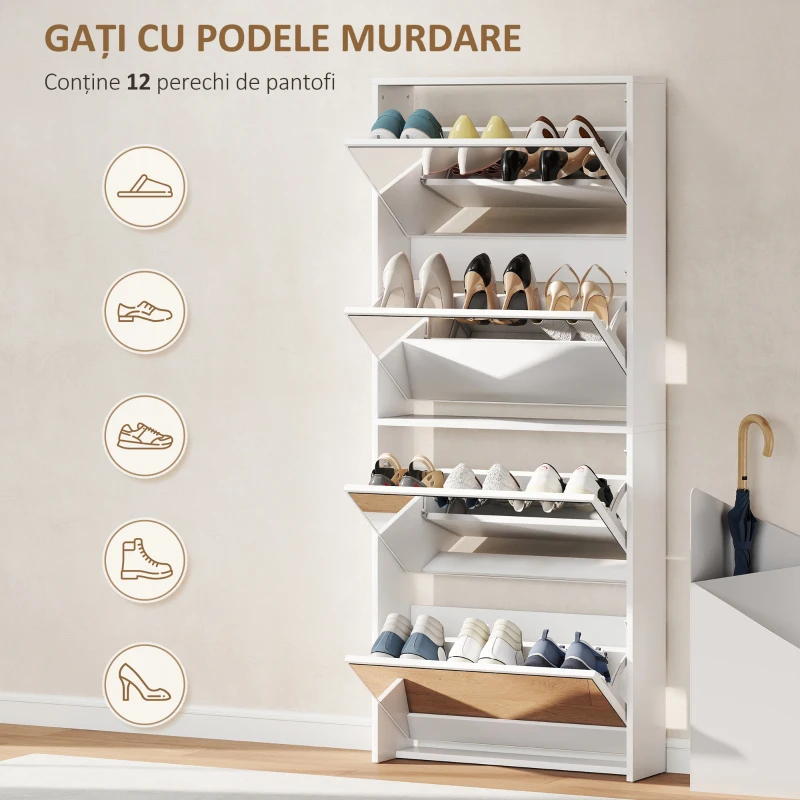 HOMCOM Dulap cu Oglindă și 4 Uși Anti-Răsturnare din Lemn, 63x17x146 cm, Alb