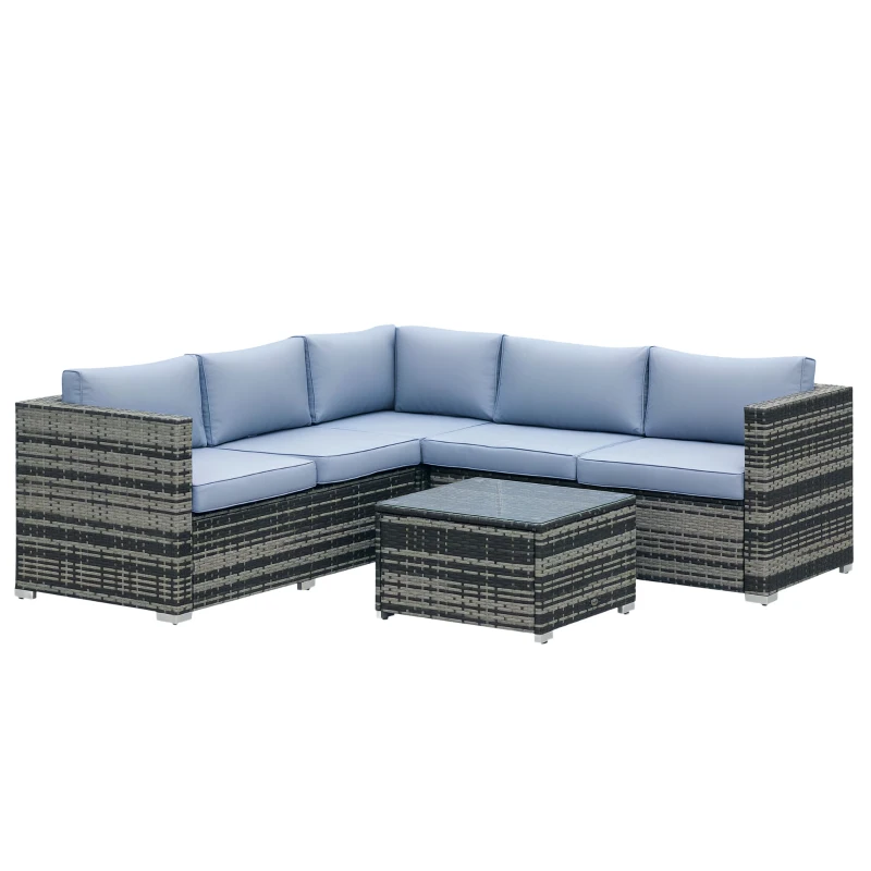 Outsunny 4 Pieces Rattan Garden Furniture Sets, Wicker Patio Conservatory Dining Set with Corner Sofa, Loveseat, Coffee Table, and Cushions for Balcony, Backyard, Pool, Grey