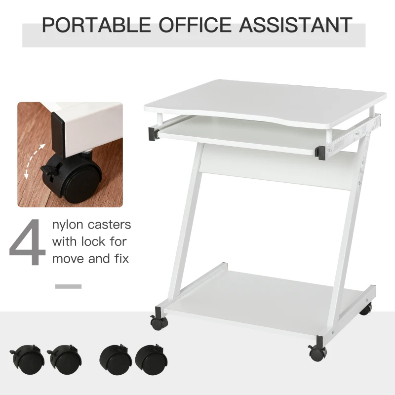 HOMCOM Movable Computer Desk with 4 Moving Wheels and Keyboard Tray White