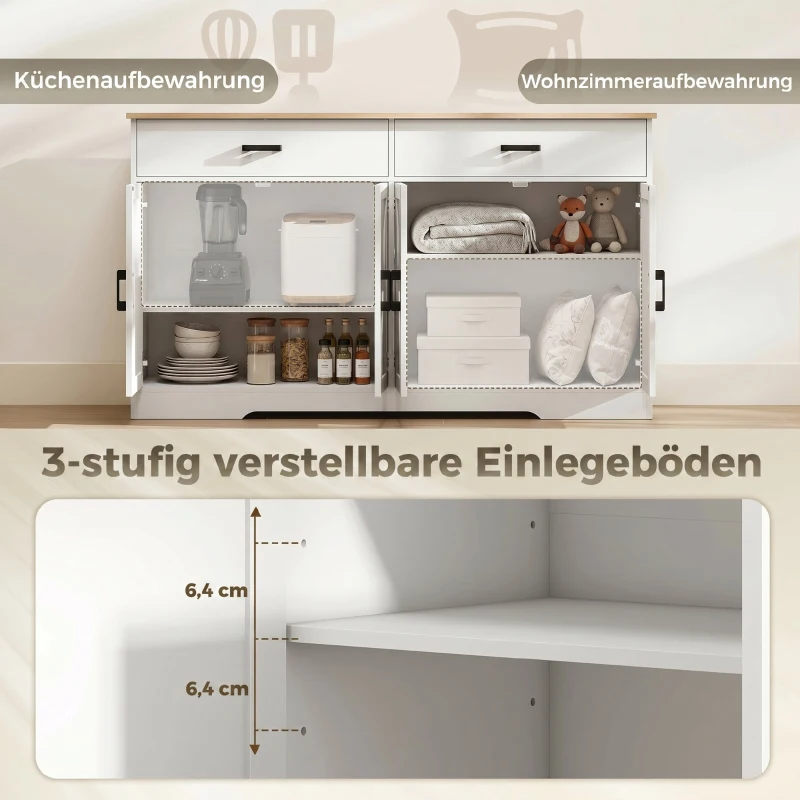 HOMCOM Sideboard Buffet Schrank, 140 cm Farmhaus Küchen-Schrank mit 2 Schubladen und 2 Schränken, Weiß